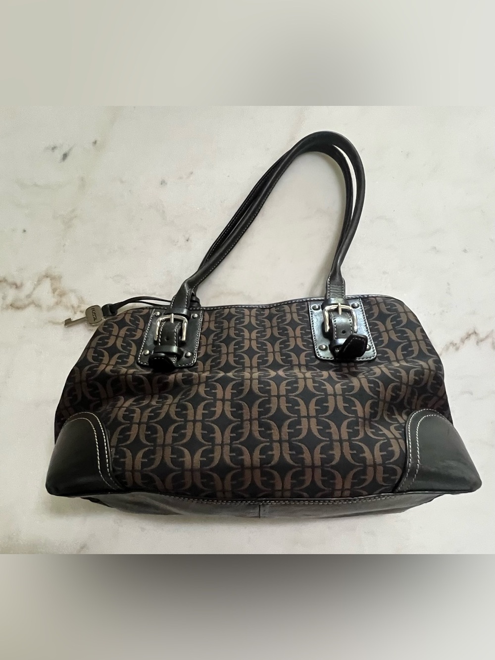 Vintage Fossil Handbag Signature Monogram Brown/Black Satchel Purse Leather